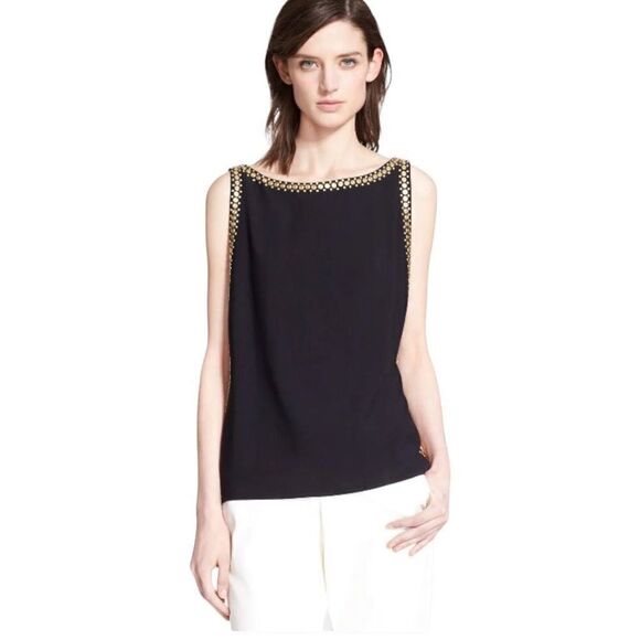 Tamara Mellon Black Sleeveless Golden Metallic Studded Top Sz 6 - Picture 1 of 9